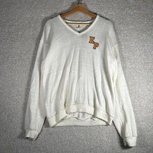 Vintage 70s white Rayon blend varsity v neck knit sweater Sportswear tag